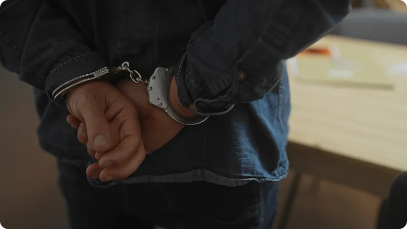A close-up of a person's hands handcuffed behind their back, wearing a dark denim or heavy fabric jacket.